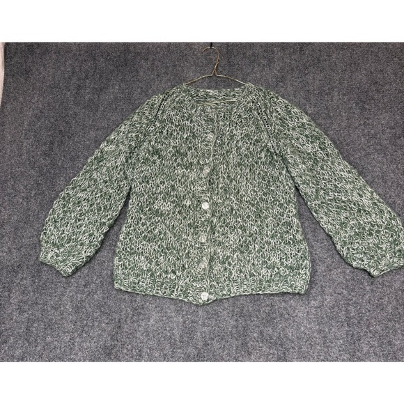Handmade Sweaters - Handmade Cardigan Sweater Women Medium Green Wool Blend Chunky Marled Knit